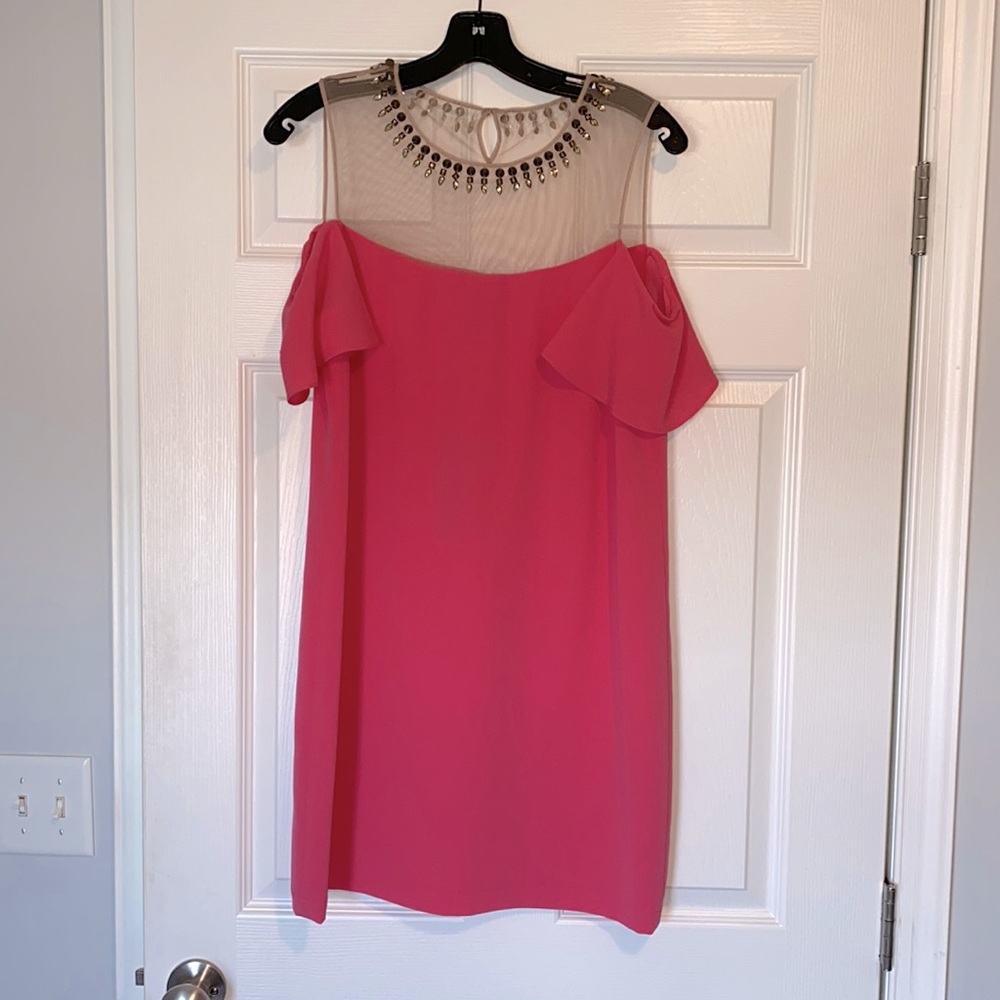 BCBGMaxazria bright pink cold shoulder dress. Sz 4